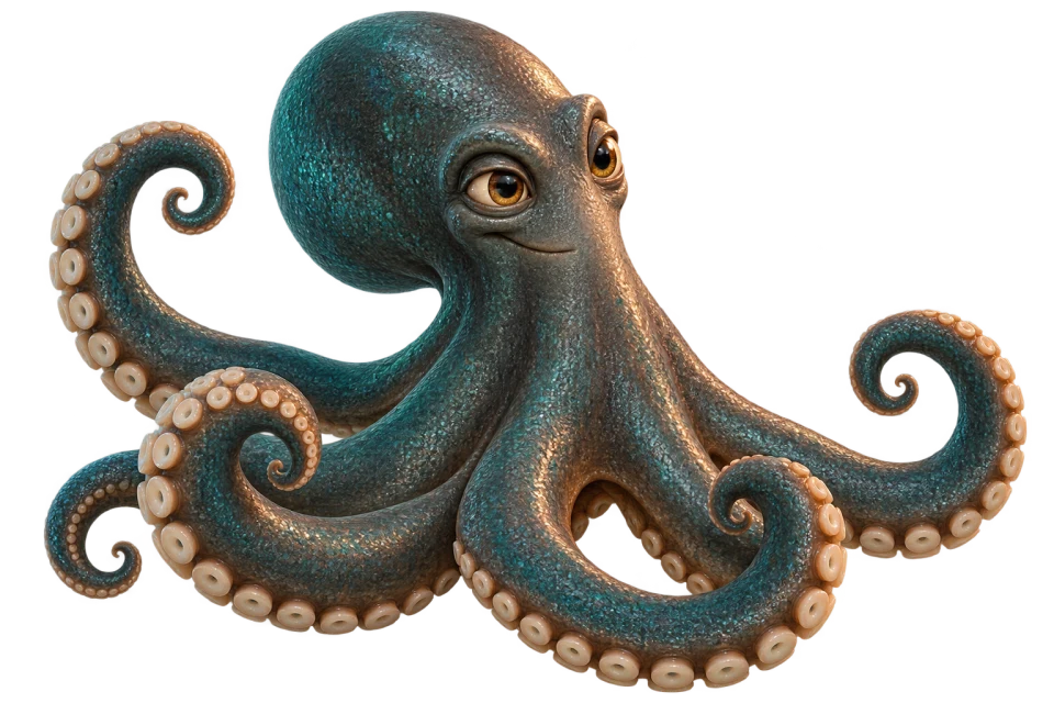 Octo, a graphite-teal octopus with amber eyes and gracefully curled tentacles, reaching for the handle