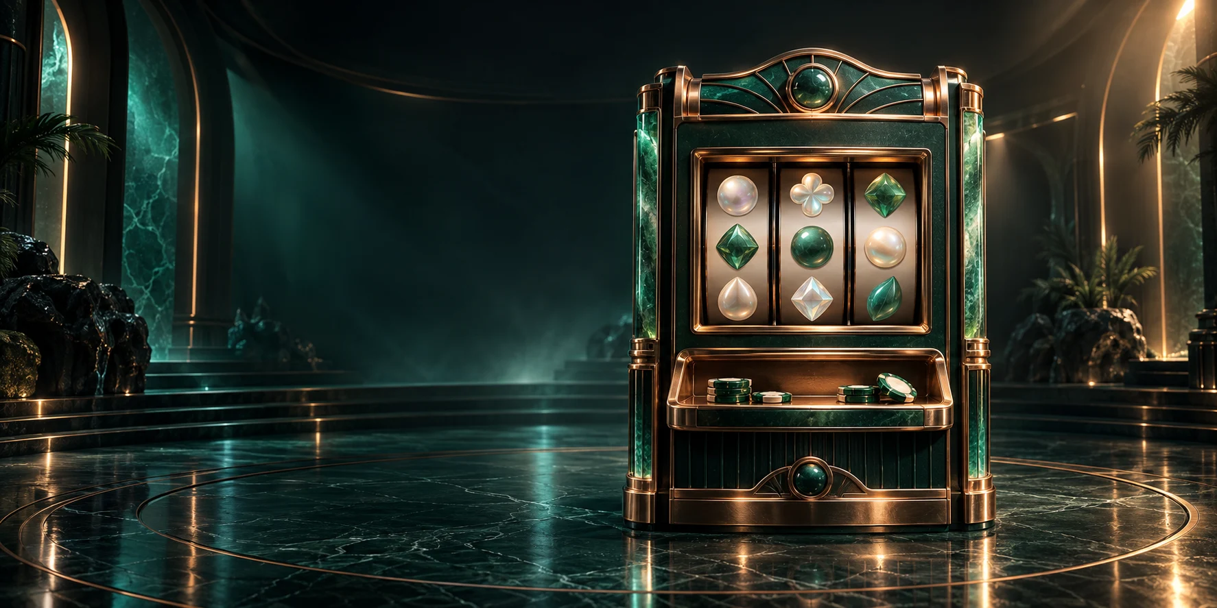 A copper and emerald reel cabinet on a cinematic marble stage